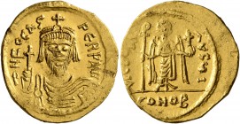 Phocas, 602-610. Solidus (Gold, 21 mm, 4.41 g, 7 h), Constantinopolis, 607-610. δ N FOCAS PЄRP AVI Draped and cuirassed bust of Phocas facing, wearing...