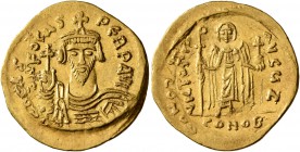 Phocas, 602-610. Solidus (Gold, 22 mm, 4.45 g, 6 h), Constantinopolis, 607-610. δ N FOCAS PЄRP AVI Draped and cuirassed bust of Phocas facing, wearing...
