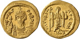 Phocas, 602-610. Solidus (Gold, 21 mm, 4.40 g, 7 h), Constantinopolis, 607-610. δ N FOCAS PЄRP AVI Draped and cuirassed bust of Phocas facing, wearing...