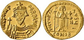 Phocas, 602-610. Solidus (Gold, 21 mm, 4.38 g, 7 h), Constantinopolis, 607-610. d N FOCAS PERP AVI Draped and cuirassed bust of Phocas facing, wearing...