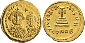 Heraclius, with Heraclius Constantine, 610-641. Solidus (Gold, 20 mm, 4.41 g, 7 h), Constantinopolis, 616-625. δδ NN hERACLIЧS ET hERA CONST PP A Crow...