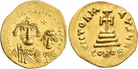 Heraclius, with Heraclius Constantine, 610-641. Solidus (Gold, 21 mm, 4.47 g, 7 h), Constantinopolis, 616-625. δδ NN hERACLIЧS ET hERA CONST PP AVI Cr...