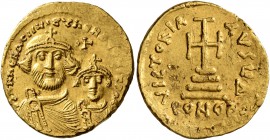 Heraclius, with Heraclius Constantine, 610-641. Solidus (Gold, 20 mm, 4.46 g, 7 h), Constantinopolis, 616-625. δδ NN ҺERACLIЧS ET ҺERA CONST PP AV Cro...