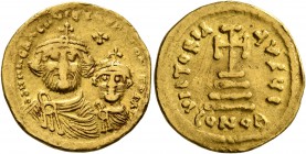 Heraclius, with Heraclius Constantine, 610-641. Solidus (Gold, 20 mm, 4.25 g, 7 h), Constantinopolis, 616-625. δδ NN hERACLIЧS ET hERA CONST PP AV Cro...