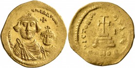 Heraclius, with Heraclius Constantine, 610-641. Solidus (Gold, 20 mm, 4.33 g, 7 h), Constantinopolis, 616-625. [δδ NN hERACLIЧS E]T hERA CONST [PP AV]...