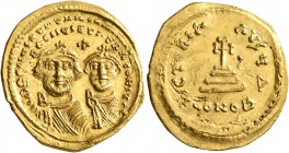 Heraclius, with Heraclius Constantine, 610-641. Solidus (Gold, 22 mm, 4.33 g, 7 h), Constantinopolis, circa 626-629. δδ NN hERACLIЧS ET hERA CONST PP ...