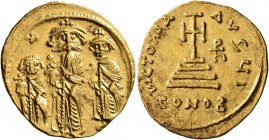 Heraclius, with Heraclius Constantine and Heraclonas, 610-641. Solidus (Gold, 21 mm, 4.41 g, 7 h), Constantinopolis, circa 632-635. Heraclonas, uncrow...