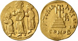 Heraclius, with Heraclius Constantine and Heraclonas, 610-641. Solidus (Gold, 20 mm, 4.47 g, 6 h), Constantinopolis, circa 632-635. Heraclonas, uncrow...