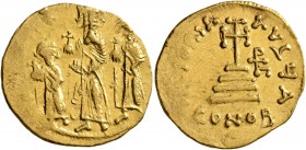 Heraclius, with Heraclius Constantine and Heraclonas, 610-641. Solidus (Gold, 21 mm, 4.50 g, 7 h), Constantinopolis, circa 632-635. Heraclonas, uncrow...