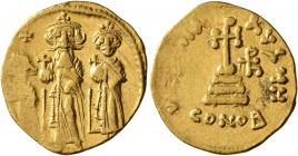 Heraclius, with Heraclius Constantine and Heraclonas, 610-641. Solidus (Gold, 20 mm, 4.38 g, 6 h), Constantinopolis, circa 632-635. Heraclonas, uncrow...