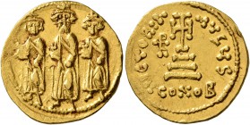 Heraclius, with Heraclius Constantine and Heraclonas, 610-641. Solidus (Gold, 20 mm, 4.48 g, 7 h), Constantinopolis, circa 639-641. Heraclius, Heracli...