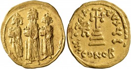 Heraclius, with Heraclius Constantine and Heraclonas, 610-641. Solidus (Gold, 20 mm, 4.36 g, 7 h), Constantinopolis, circa 639-641. Heraclius, Heracli...