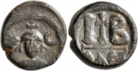 Heraclius, 610-641. 12 Nummi (Bronze, 16 mm, 6.19 g, 7 h), Persian occupation of Egypt (?), Alexandria, circa 618-628. Facing beardless bust of Heracl...
