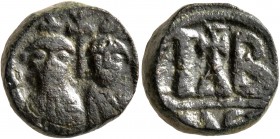 Heraclius, with Heraclius Constantine, 610-641. Dekanummium (Bronze, 16 mm, 5.48 g, 1 h), Alexandria, 629-631. Bust of Heraclius, wearing long beard a...