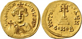 Constans II, 641-668. Solidus (Gold, 19 mm, 4.38 g, 6 h), Constantinopolis, 641-646. δ N CONSTANTINЧS P P AV Crowned, draped and beardless bust of Con...