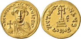 Constans II, 641-668. Solidus (Gold, 20 mm, 4.50 g, 6 h), Constantinopolis, 646/7. δ N CONSTANTINЧS P P AV Crowned, draped and short-bearded bust of C...