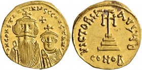 Constans II, with Constantine IV, 641-668. Solidus (Gold, 20 mm, 4.26 g, 7 h), Constantinopolis, circa 654-659. δ N CONSTANTINЧS C CONSTAN Crowned and...
