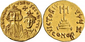 Constans II, 641-668. Solidus (Gold, 20 mm, 4.46 g, 7 h), Constantinopolis, 654-659. δ N CONSTANTINЧS C CONSTI Crowned and draped bust of Constans fac...