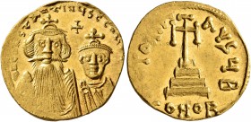 Constans II, with Constantine IV, 641-668. Solidus (Gold, 20 mm, 4.45 g, 7 h), Constantinopolis, circa 654-659. δ N CONSTANTINЧS C CON[STAN] Crowned a...
