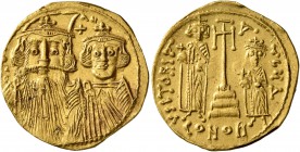 Constans II, with Constantine IV, Heraclius, and Tiberius, 641-668. Solidus (Gold, 20 mm, 4.37 g, 7 h), Constantinopolis, 661-663. d N [...] Facing bu...