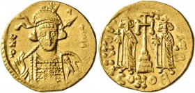 Constantine IV Pogonatus, with Heraclius and Tiberius, 668-685. Solidus (Gold, 19 mm, 4.44 g, 7 h), Constantinopolis, 674-681. d N CANЧI Diademed, hel...