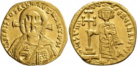 Justinian II, first reign, 685-695. Solidus (Gold, 19 mm, 4.21 g, 7 h), Constantinopolis, 692-695. IҺS CRISTOS REX RETNANTIЧM Bust of Christ facing wi...