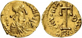 Justinian II, first reign, 685-695. Tremissis (Gold, 14 mm, 1.44 g, 6 h), Ravenna, 687-695. δN IЧSTINIAN P P Diademed, beardless and draped bust of Ju...