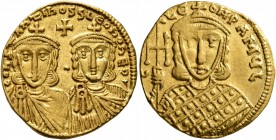 Constantine V Copronymus, with Leo IV, 741-775. Solidus (Gold, 20 mm, 4.40 g, 7 h), Constantinopolis, circa 751-757. COҺSTAҺTIҺOS S LЄOҺ O ҺЄOS Crowne...