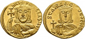 Nicephorus I, with Stauracius, 802-811. Solidus (Gold, 20 mm, 4.49 g, 6 h), Constantinopolis. nICIFOROS bASILЄ' Crowned and draped bust of Nicephorus ...