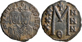 Michael II the Amorian, with Theophilus, 820-829. Follis (Bronze, 29 mm, 7.50 g, 6 h), Constantinopolis. MIXAHL S ΘЄOFILOS Facing busts of Michael II,...