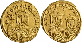 Theophilus, with Constantine and Michael II, 829-842. Solidus (Gold, 21 mm, 4.35 g, 7 h), Constantinopolis. ✱ ΘЄOFILOS bASILЄ Θ Facing bust of Theophi...