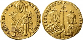 Basil I the Macedonian, with Constantine, 867-886. Solidus (Gold, 20 mm, 4.38 g, 6 h), Constantinopolis, circa 871-886. +IhS XPS RЄX RЄGNANTIЧM✱ Chris...
