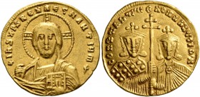 Constantine VII Porphyrogenitus, with Romanus II, 913-959. Solidus (Gold, 19 mm, 4.42 g, 7 h), Constantinopolis, 945-959. +IҺS XPS RЄX RЄGNANTIҺm Bust...