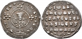 John I Zimisces, 969-976. Miliaresion (Silver, 21 mm, 2.39 g, 6 h), Constantinopolis. +IҺSЧS XRISTЧS ҺICA✷ Cross crosslet set upon globus above two st...