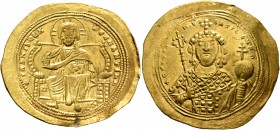 Constantine IX Monomachus, 1042-1055. Histamenon (Gold, 29 mm, 4.44 g, 5 h), Constantinopolis. +IhS XIS RЄX RЄGNANTIҺm Christ enthroned facing, wearin...