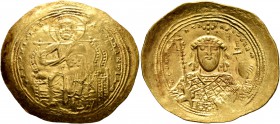 Constantine IX Monomachus, 1042-1055. Histamenon (Gold, 30 mm, 4.41 g, 6 h), Constantinopolis. +IhS XIS RЄX RЄGNANTIҺm Christ enthroned facing, wearin...