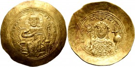 Constantine IX Monomachus, 1042-1055. Histamenon (Gold, 28 mm, 4.40 g, 6 h), Constantinopolis. +IhS XIS RЄX RЄGNANTIҺm Christ enthroned facing, wearin...