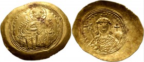 Constantine IX Monomachus, 1042-1055. Histamenon (Gold, 30 mm, 4.38 g, 5 h), Constantinopolis. +IhS XIS RЄX RЄGNANTIҺm Christ enthroned facing, wearin...