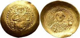 Constantine IX Monomachus, 1042-1055. Histamenon (Gold, 27 mm, 4.41 g, 6 h), Constantinopolis. +IhS XIS RЄX RЄGNANTIҺm Christ enthroned facing, wearin...