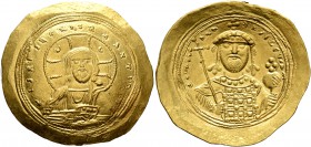 Constantine IX Monomachus, 1042-1055. Histamenon (Gold, 27 mm, 4.38 g, 6 h), Constantinopolis. +IhS XIS RЄX RЄGNANTInm Bust of Christ facing, with cro...