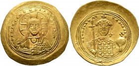Constantine IX Monomachus, 1042-1055. Histamenon (Gold, 27 mm, 4.42 g, 6 h), Constantinopolis. +IhS XIS RЄX RЄGNANTInm Bust of Christ facing, with cro...