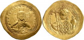 Constantine IX Monomachus, 1042-1055. Histamenon (Gold, 28 mm, 4.39 g, 6 h), Constantinopolis. +IhS XIS RЄX RЄGNANTInm Bust of Christ facing, with cro...
