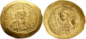Constantine IX Monomachus, 1042-1055. Histamenon (Gold, 28 mm, 4.39 g, 6 h), Constantinopolis. +IhS XIS RЄX RЄGNANTInm Bust of Christ facing, with cro...