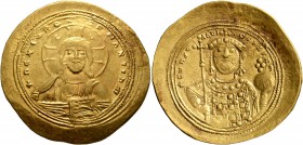 Constantine IX Monomachus, 1042-1055. Histamenon (Gold, 27 mm, 4.38 g, 5 h), Constantinopolis. +IhS XIS RЄX RЄGNANTInm Bust of Christ facing, with cro...