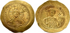 Constantine IX Monomachus, 1042-1055. Histamenon (Gold, 28 mm, 4.37 g, 6 h), Constantinopolis. +IhS XIS RЄX RЄGNANTInm Bust of Christ facing, with cro...