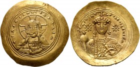 Constantine IX Monomachus, 1042-1055. Histamenon (Gold, 27 mm, 4.44 g, 6 h), Constantinopolis, 1054-1055. +IhS XIS RЄX RЄGNANTIҺm Christ enthroned fac...