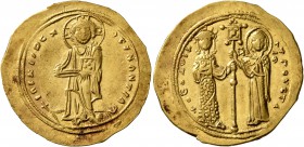 Theodora, 1055-1056. Histamenon (Gold, 24 mm, 4.39 g, 6 h), Constantinopolis. + IhS XIS DЄX RЄGNANTIhm Christ, nimbate, standing facing on footstool, ...
