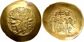 John II Comnenus, 1118-1143. Aspron Trachy (Gold, 30 mm, 3.90 g, 6 h), Constantinopolis. Christ seated facing on throne without back, wearing pallium ...