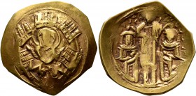 Andronicus II Palaeologus, with Michael IX, 1282-1328. Hyperpyron (Electrum, 24 mm, 4.05 g, 6 h), Constantinopolis. Bust of Virgin Mary, orans, within...