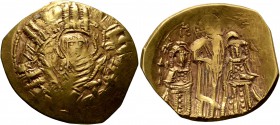 Andronicus II Palaeologus, with Michael IX, 1282-1328. Hyperpyron (Electrum, 24 mm, 4.03 g, 6 h), Constantinopolis. Bust of Virgin Mary, orans, within...